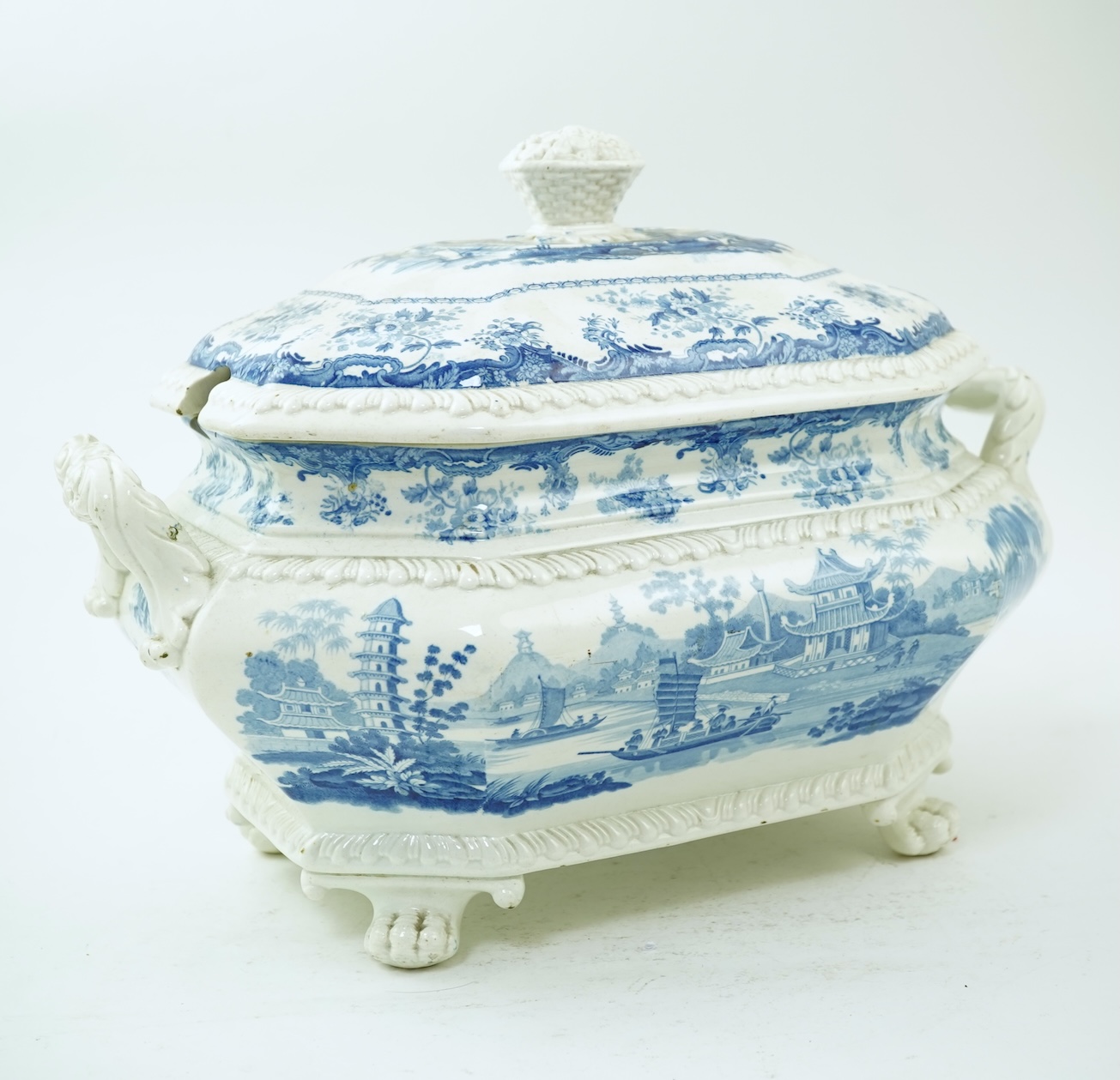 A large Staffordshire blue and white Chinese Marine pattern soup tureen, mid 19th century